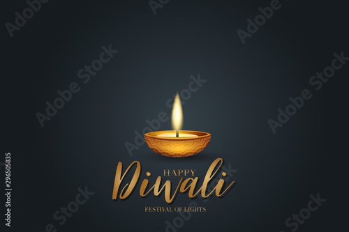 Happy Diwali festival of lights poster design. Indian traditional holiday background Diya oil lamp and golden text typography on black backdrop. Gorgeous celebration banner. Vector illustration.
