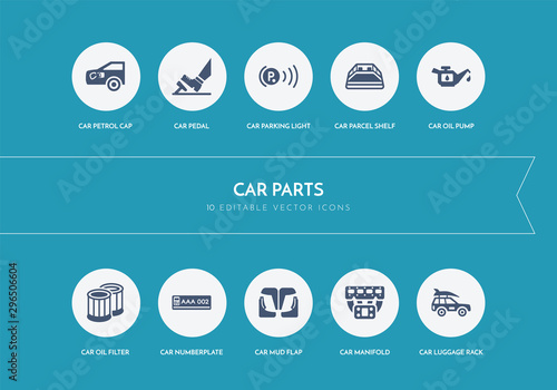 10 car parts concept blue icons