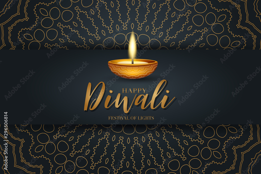 Happy Diwali festival of lights poster design. Indian traditional holiday background Diya oil lamp and golden text typography on black backdrop with gold hindu ornament. Gorgeous celebration banner.  - obrazy, fototapety, plakaty 