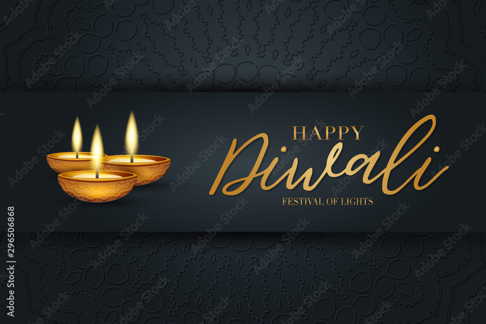 Diwali festival of lights poster design. Indian traditional holiday background Diya oil lamp and golden text typography on black backdrop with hindu ornament. Gorgeous celebration banner.  - obrazy, fototapety, plakaty 