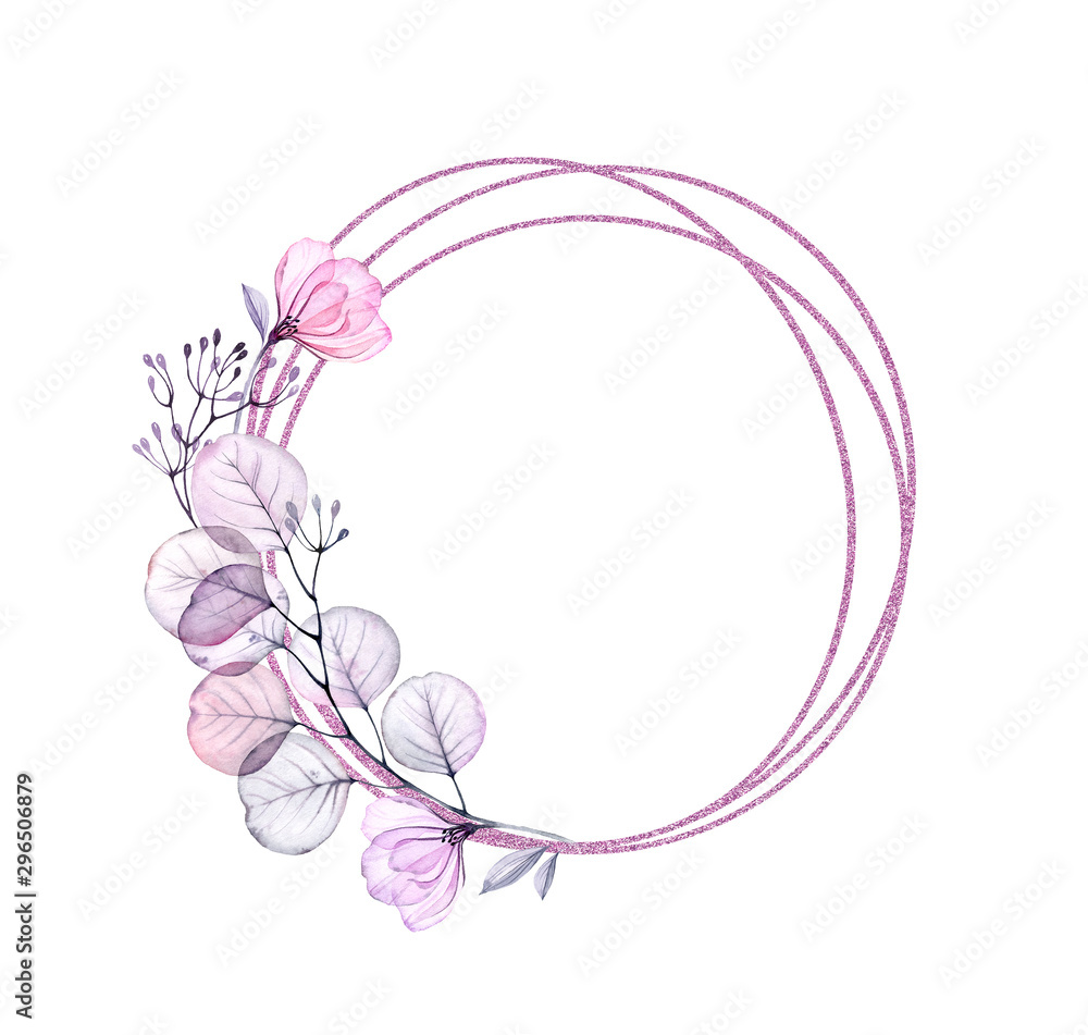 Watercolor Transparent Rose round frame with purple glitter. Circular arrangement with flowers, leaves, purple berries and foil. Hand painted floral illustration for text and wedding stationery Watercolor Transparent Rose round frame with purple glitter. Circular arrangement with flowers, leaves, purple berries and foil. Hand painted floral illustration for text and wedding stationery
