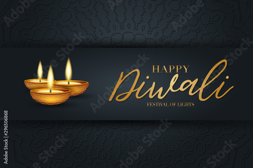 Diwali festival of lights poster design. Indian traditional holiday background Diya oil lamp and golden text typography on black backdrop with hindu ornament. Gorgeous celebration banner. 
