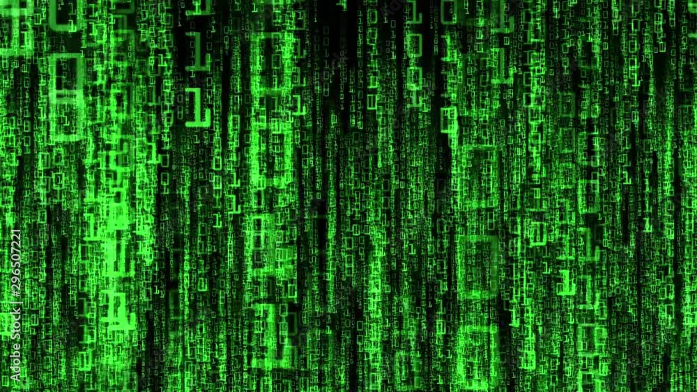 Falling green binary numbers representing computer code. Green glowing computer generated zeros and ones fall vertically in random streams against black background