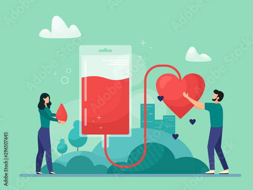 Blood donation vector illustration. Emergency and blood transfusion concept. Patient support. Blood collection. Illustration in cartoon flat style.