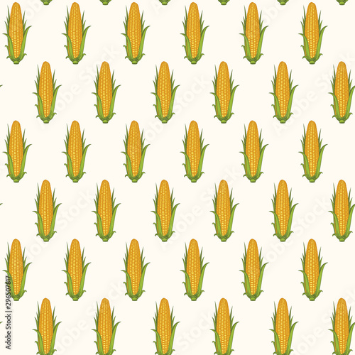Vector seamless pattern with corn cobs with yellow corn grains and green leaves in retro style on light background. Repeatable illustrations of the ripe corn on the cob.