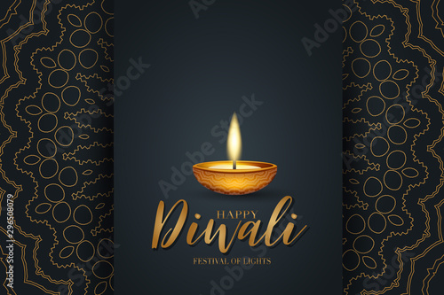 Happy Diwali festival of lights poster design. Indian traditional holiday background Diya oil lamp and golden text typography on black backdrop with gold hindu ornament. Gorgeous celebration banner.