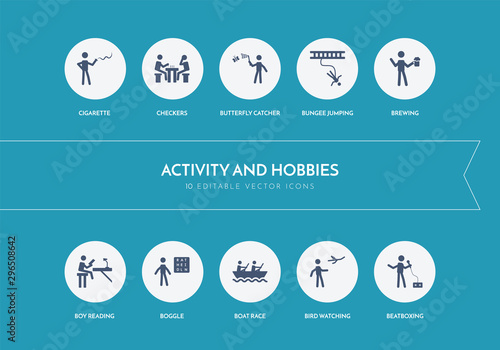 10 activity and hobbies concept blue icons