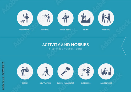10 activity and hobbies concept blue icons