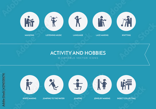 10 activity and hobbies concept blue icons