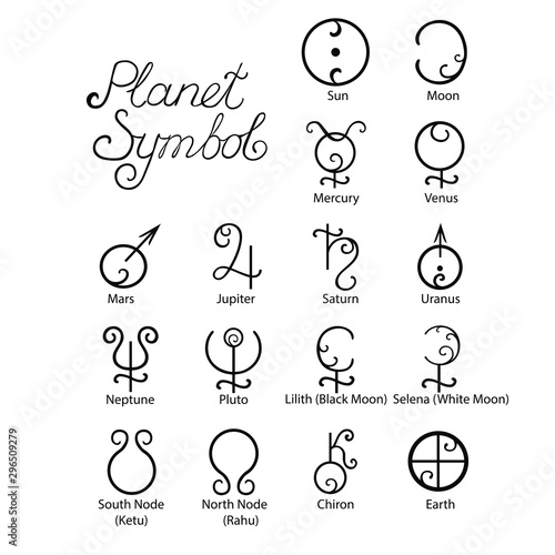 Set of astrological planets drawn by hand. Solar system. Ink calligraphic inscription. Signs are decorated with curls. Design for web, print, stickers, poster. Vector elements on a white background.