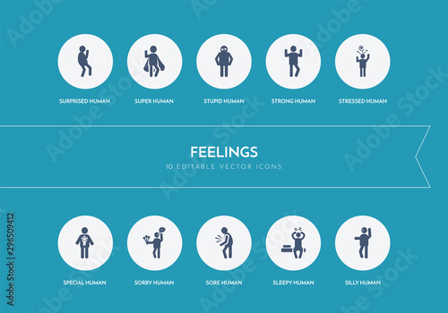 10 feelings concept blue icons