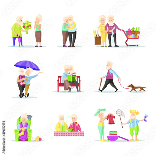 Elderly people. Set of senior man and woman characters in flat style isolated on white background. Old people in different poses and situations. Vector color illustration.