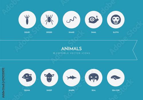 10 animals concept blue icons