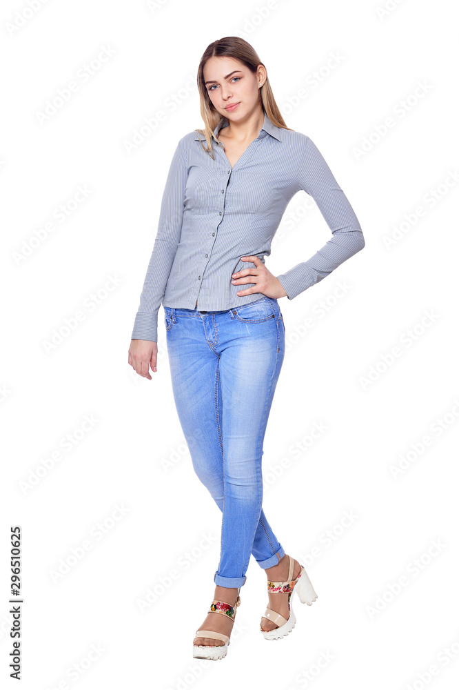 beautiful woman in jeans posing on white beautiful woman in jeans posing on white