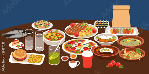Different food. Colorful vector illustration in flat cartoon style