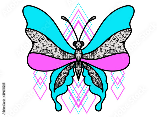 vector butterfly blue pink on a white background geometric © Kent Art