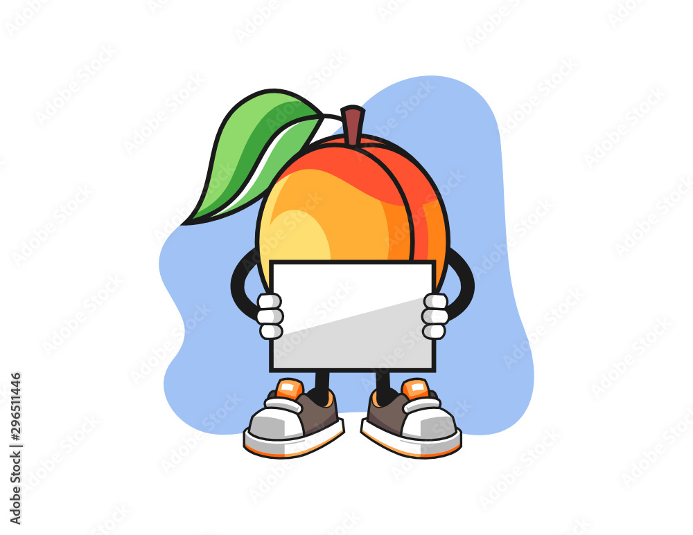 Fototapeta premium Apricots hold banner mascot design vector. Cartoon character illustration for business, t shirt, sticker.
