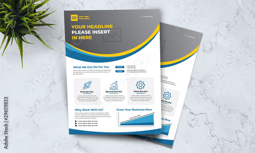 A4 business template flayer vol 23 with orange, blue, white and grey color cmyk ready to print in vector editable layer