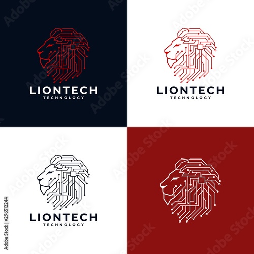 Lion Head Technology Logo Design Vector Illustration