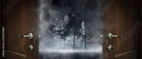 Open wooden doors. In the background the night landscape of the winter forest, the moon, light. Cold weather, smog, frost, fog.