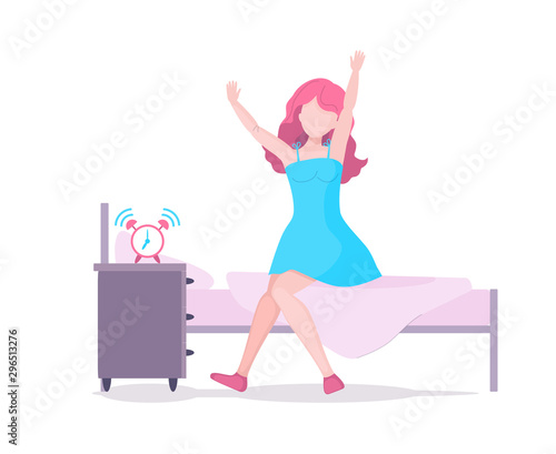 Young woman character waking up morning and stretch