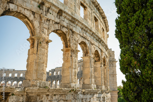 Arena Pula historic Roman amphitheater panoramc green landscape view, Istria region of Croatia photo