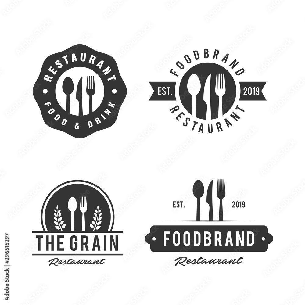 Set of Restaurant Shop Design Element in Vintage Style for Logotype, Label, Badge and other design. Fork and spoon Silhouettes retro vector - obrazy, fototapety, plakaty 