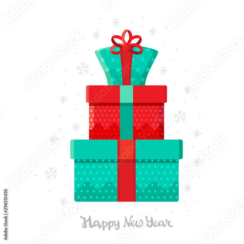 Christmas tree is made of gifts. Different gift boxes in vector. Gift in flat style on white background. Collection for Christmas. Vector icon gift, present box with bow. Cartoon