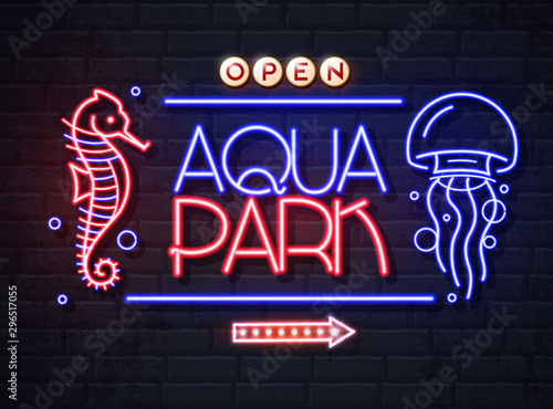 Neon sign aqua park with sea hourse and jellyfish. Vintage electric signboard.