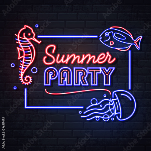 Neon sign summer party with sea hourse, fish and jellyfish. Vintage electric signboard.