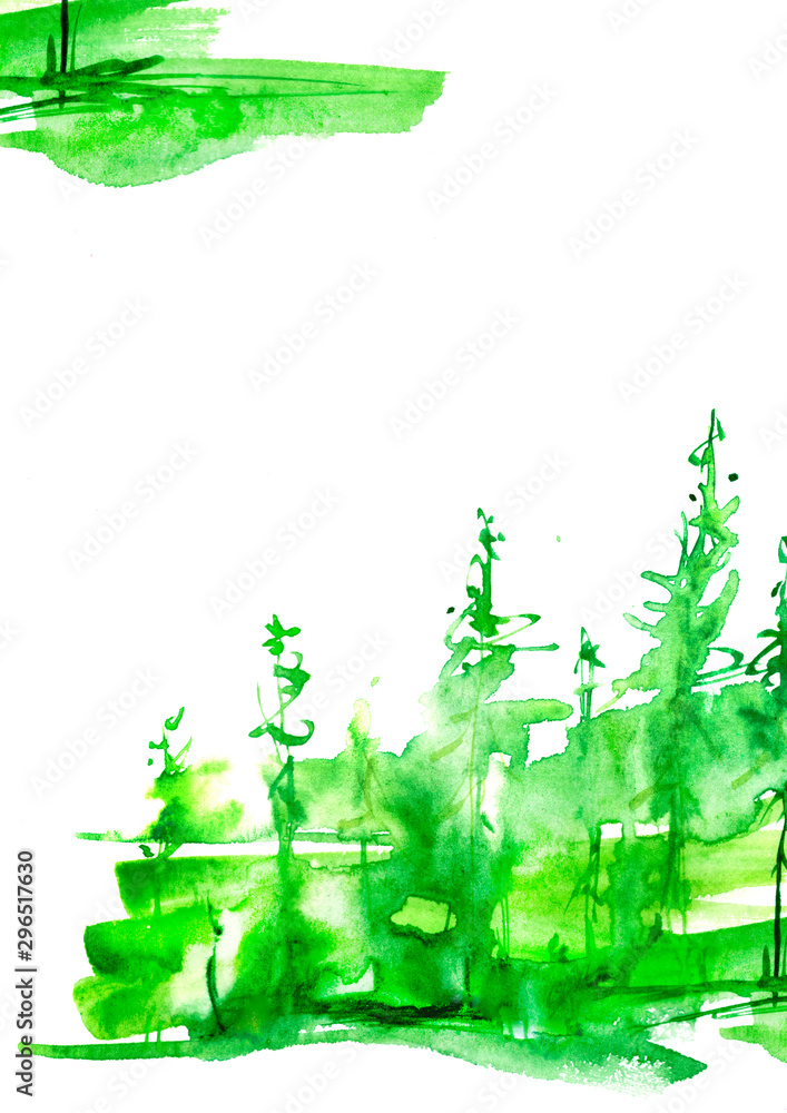 Watercolor group of trees - fir, pine, cedar, fir-tree. green forest, countryside landscape. Drawing on white isolated background. abstract fog forest, silhouette of trees. Watercolor group of trees - fir, pine, cedar, fir-tree. green forest, countryside landscape. Drawing on white isolated background. abstract fog forest, silhouette of trees.