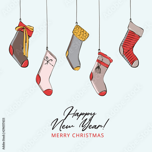 Christmas gift stocking hanging advertising. Merry Christmas and Happy New Year holiday design with hand-drawn socks for presents. Xmas cute decor in vector
