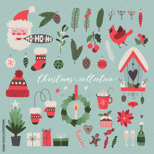 Christmas collection- vector isolated traditional symbols of Christmas and New year. Hand drawn illustration. Holiday clipart for greeting cards, wrapping paper, posters.