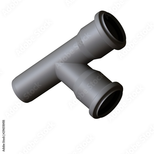 Plastic sewer pipe grey on white background, isolated. 3D rendering of excellent quality in high resolution. It can be enlarged and used as a background or texture.