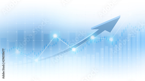 abstract financial graph with uptrend arrow line and bar chart in stock market on blue and white color background