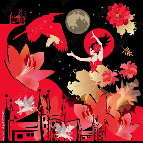 Square poster or shawl with magical pattern. Girl flamenco dancer, fairytale winged birds, unicorns, castles, flowers, autumn leaves, night sky with stars and planets in gold, red and black colors.
