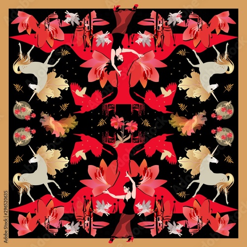 Shawl with magic print. Unicorns, castles, silhouette of flying herons, huge flowers, moons in black night sky, red mountains and girls flamenco dancers.