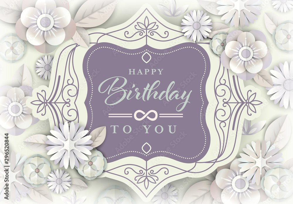 White floral greeting card, Birthday card with vintage frame and flowers in background.