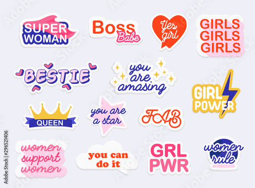 Collection of stickers with woman slogans. Feminism. Girl power.