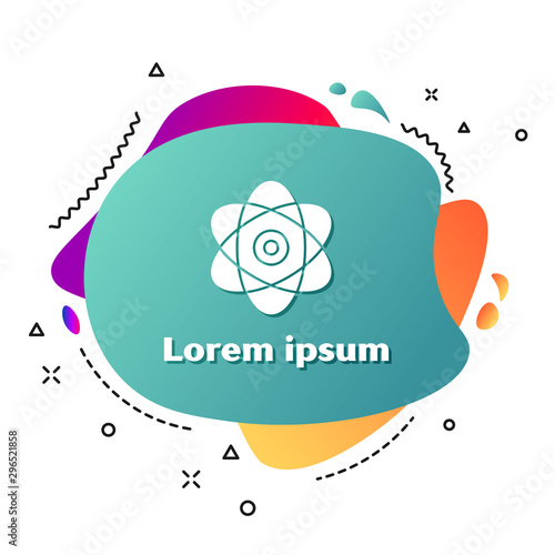 White Atom icon isolated on white background. Symbol of science, education, nuclear physics, scientific research. Electrons and protons sign. Abstract banner with liquid shapes. Vector Illustration