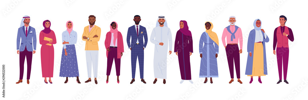 Muslim people collection. Vector illustration of diverse cartoon islam people in office and casual outfits. Isolated on white.