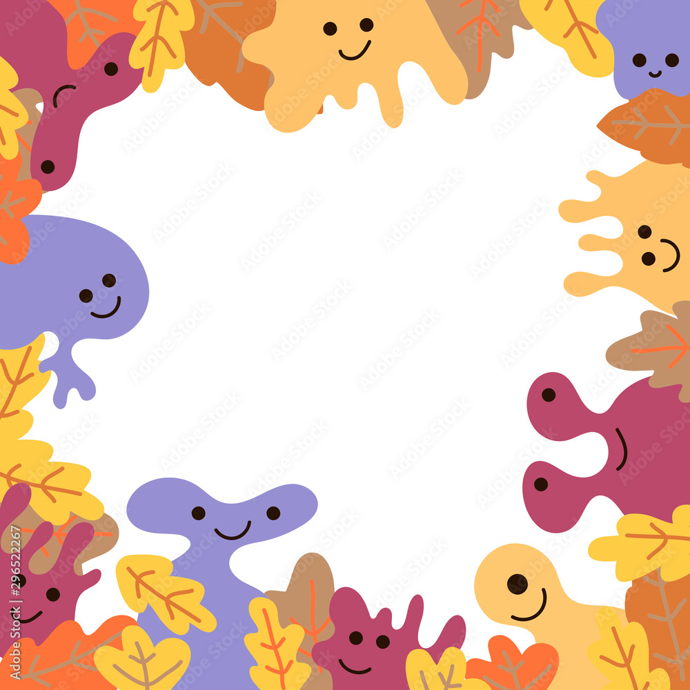 Abstract frame vector template. Funny kind monsters look out of the autumn leaves., borders for text on white background. Invitation to a holiday, party, poster, article, greeting, Scandinavian style Abstract frame vector template. Funny kind monsters look out of the autumn leaves., borders for text on white background. Invitation to a holiday, party, poster, article, greeting, Scandinavian style
