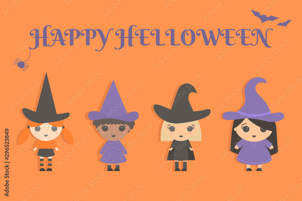 Children in masquerade costume. Happy Halloween postcard. Children in masquerade costume. Happy Halloween postcard.