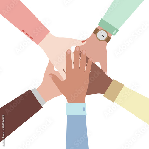 Hands of diverse group of people putting together. Concept of cooperation, unity, togetherness, partnership, agreement, teamwork, social community or movement. Flat style. Vector illustration.