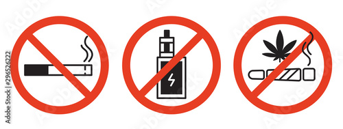 Forbidding vector signs. No smoking, no drugs, no vaping. Isolated illustration on white background.