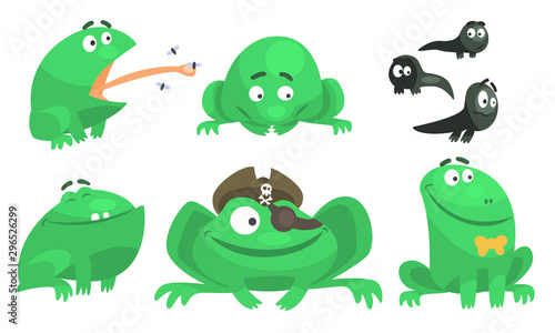 Collection of Green Frog with Various Emotions  Funny Amphibian Animal Cartoon Character in Different Situations Vector Illustration