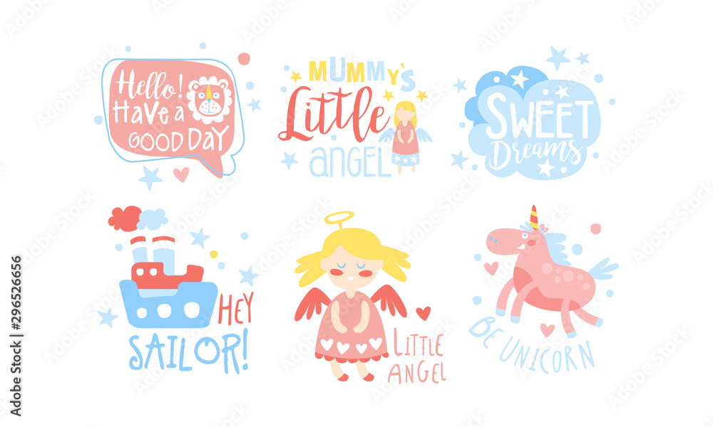 Fototapeta premium Baby Nursery Room Decoration Elements Set, Childish Prints Collection Vector Illustration