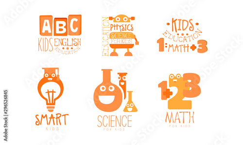 Kids Science Education Logo Templates Set, Physics, Math, English Labels Vector Illustration