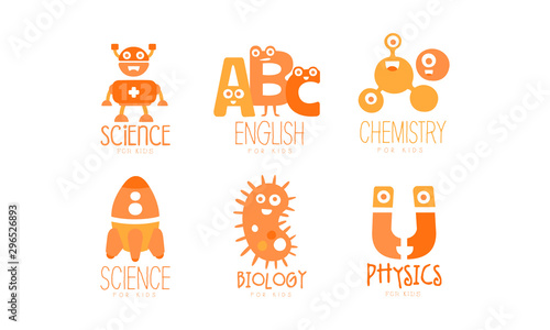 Kids Science Education Logo Templates Set, Chemistry, Physics, Biology, English Orange Labels Vector Illustration