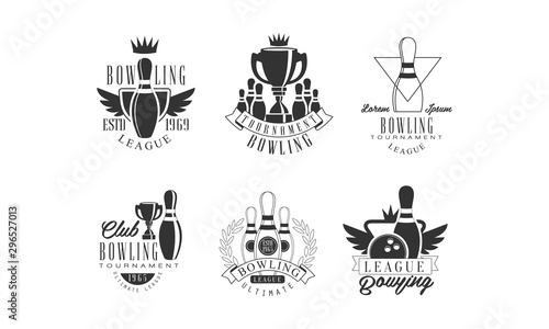 Bowling Tournament League Retro Labels Set  Bowling Club Monochrome Badges Vector Illustration